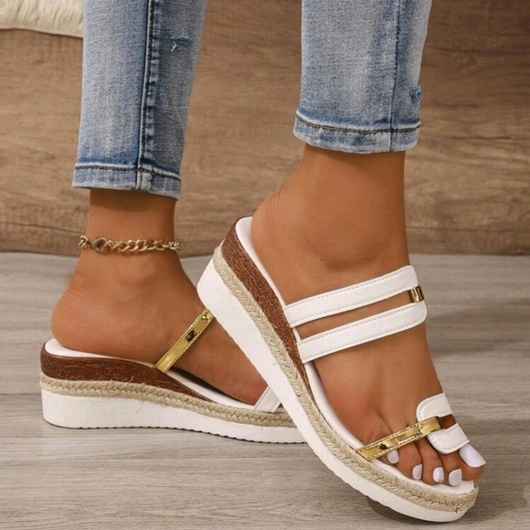White Sandals with Gold Buckle and Ankle Strap - Picture 3 of 6
